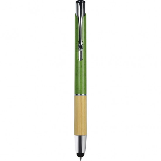 Penna a sfera con touch screen in paglia di grano verde personalizzata B11273V