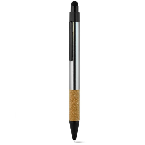 Penna a sfera con touch screen  in alluminio riciclato e sughero grigia personalizzata B11296GR